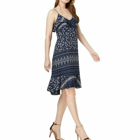 Vince Camuto Navy Ditsy Floral Liberty geometric Print ruffle midi dress S - Picture 7 of 16